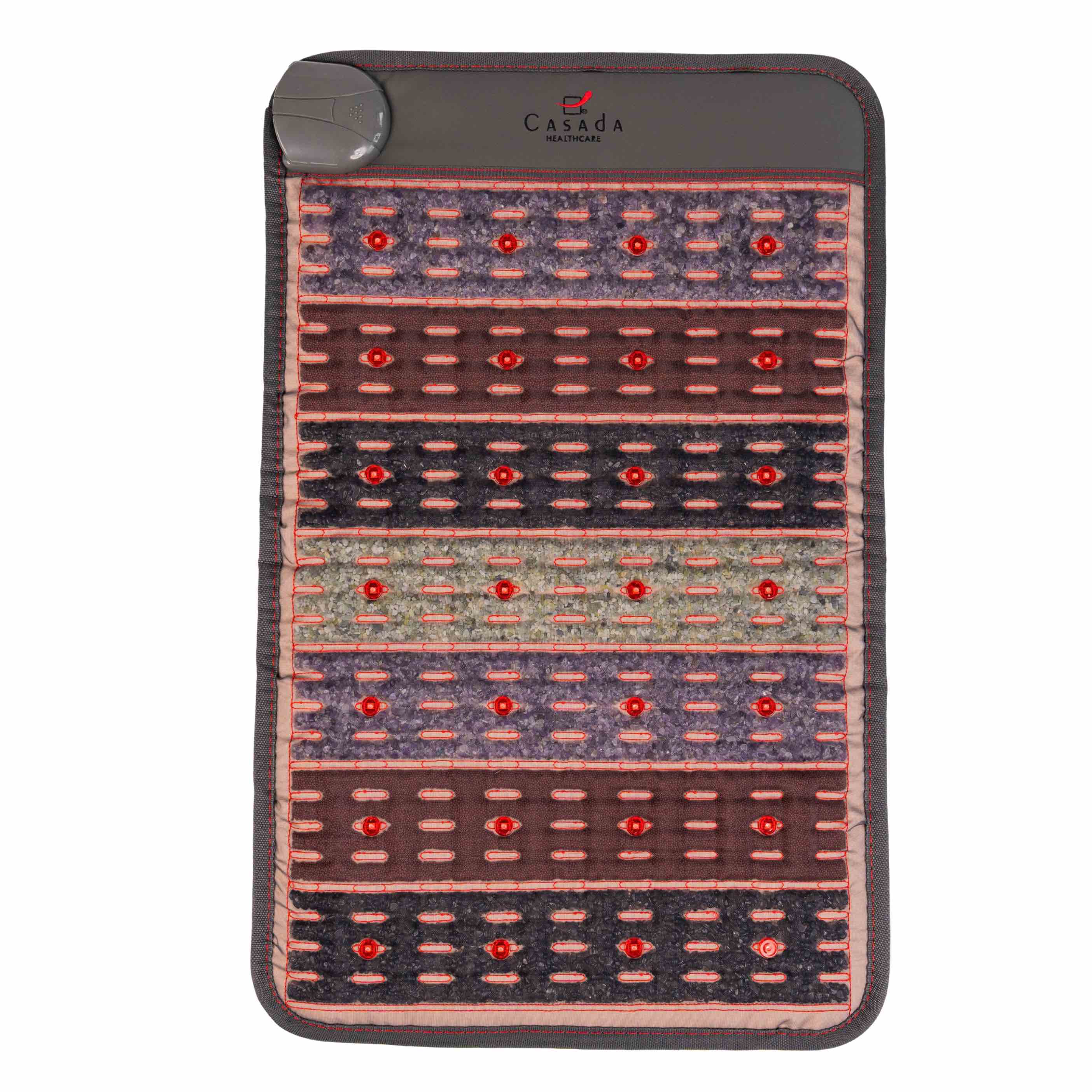 Podgrzewana mata masująca Casada widziana z góry, z rozmieszczonymi strefami kamieni masujących i czerwonymi diodami LED na całej powierzchni umieszczona na białym tle