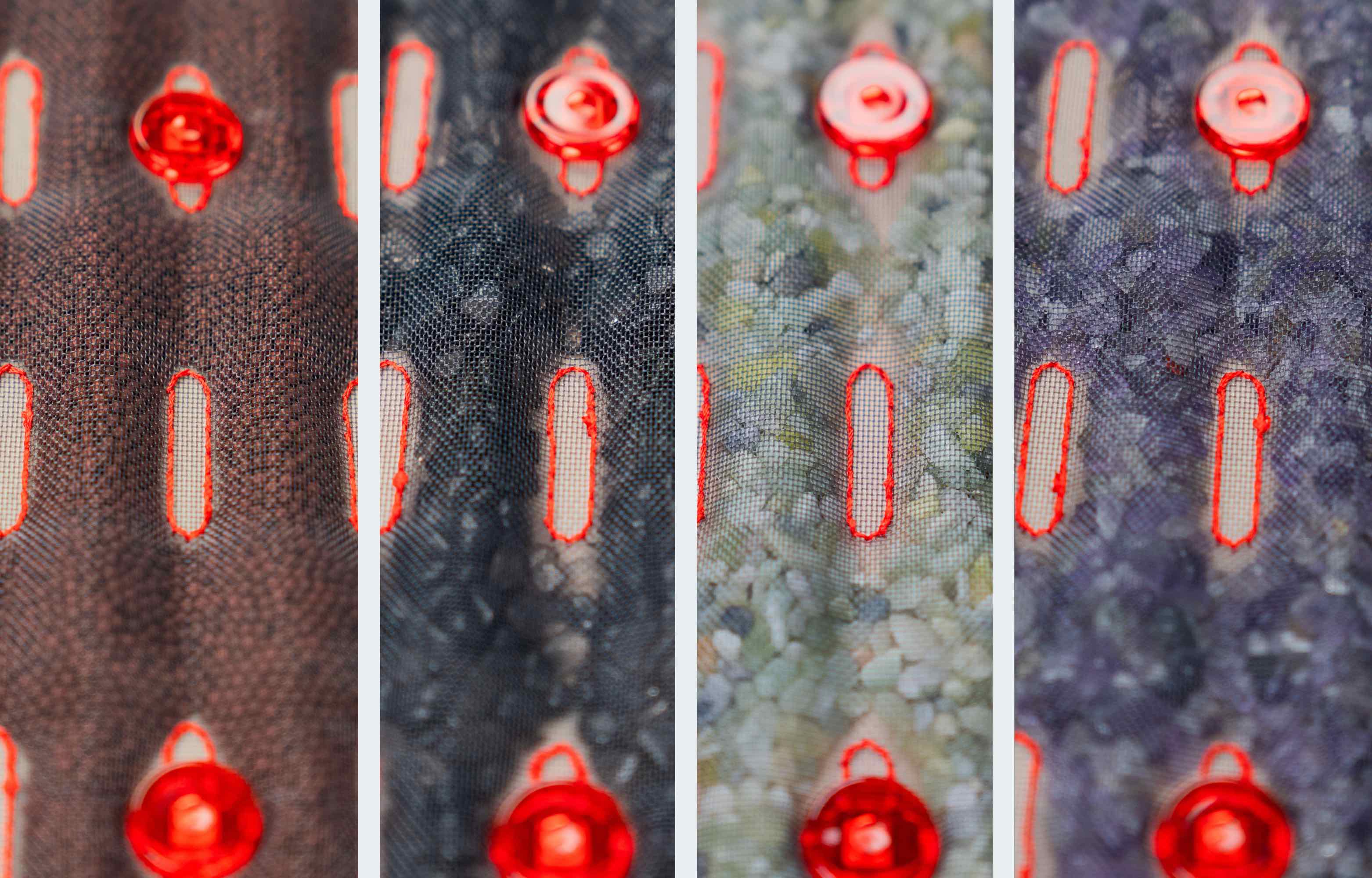 Zbliżenie na różne rodzaje kamieni masujących i czerwone diody LED w podgrzewanej macie masującej Casada, pokazujące strukturę i materiały zastosowane w urządzeniu.