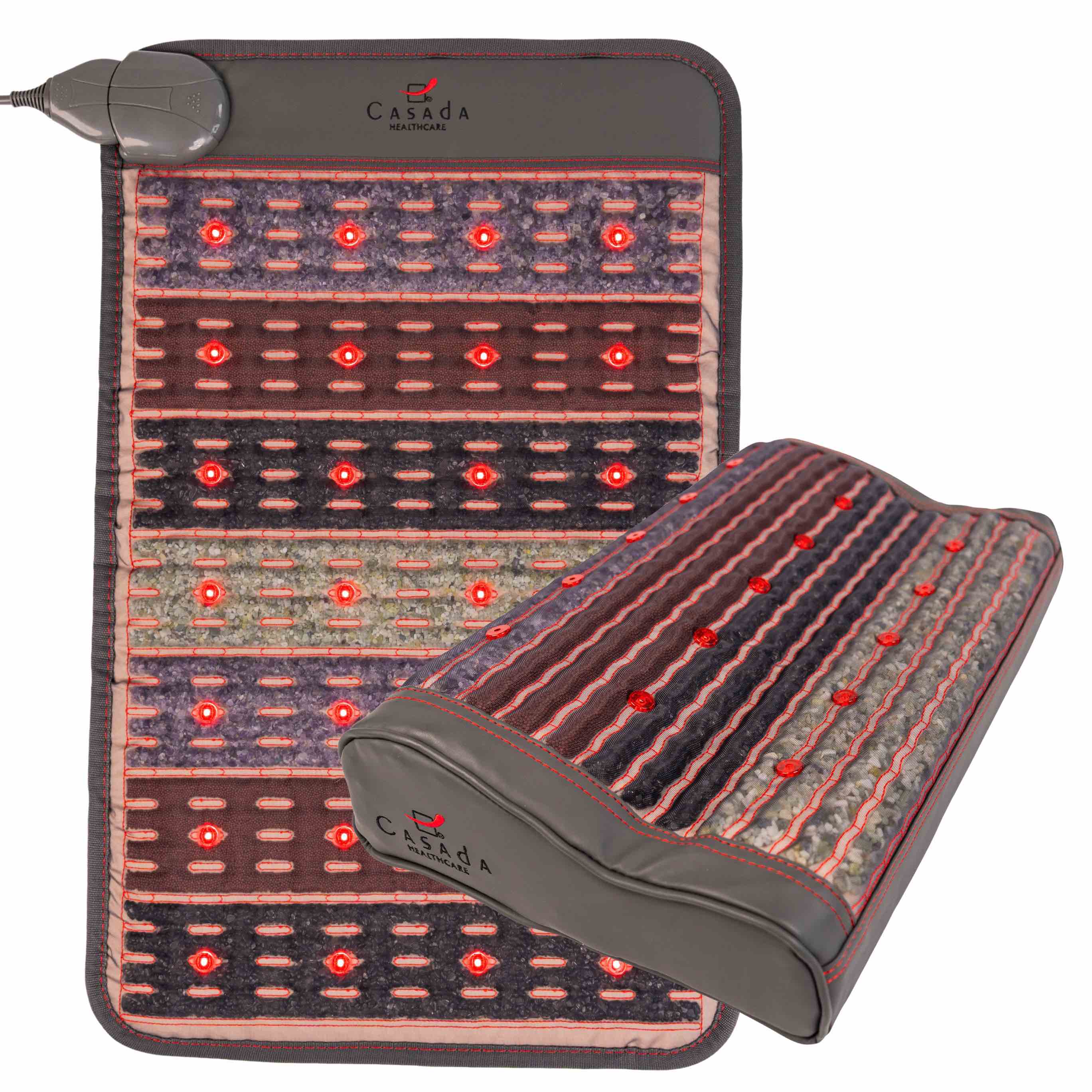 Podgrzewana poduszka i mata masująca Casada z czerwonymi diodami LED i widocznymi kamieniami masującymi, prezentowana na białym tle.